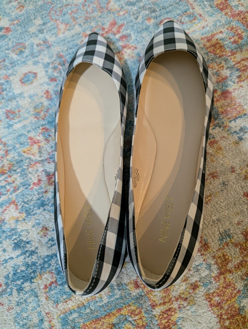 Nine West Wmns 10.5 M Gingham Check Black White Slip On Pointed Toe Ballet Flats - Picture 6 of 8